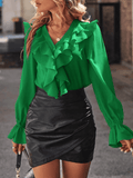 Rüschen-Button-Down-Hemd, V-Ausschnitt, Jabot-Kragen, ausgestellte Ärmel, lange Ärmel, Damen, süße, elegante ModShopnoryluse