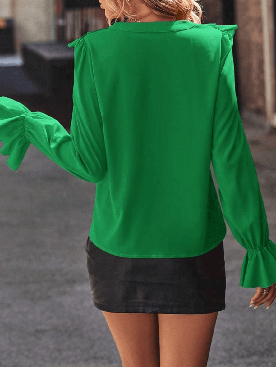 Rüschen-Button-Down-Hemd, V-Ausschnitt, Jabot-Kragen, ausgestellte Ärmel, lange Ärmel, Damen, süße, elegante ModShopnoryluse