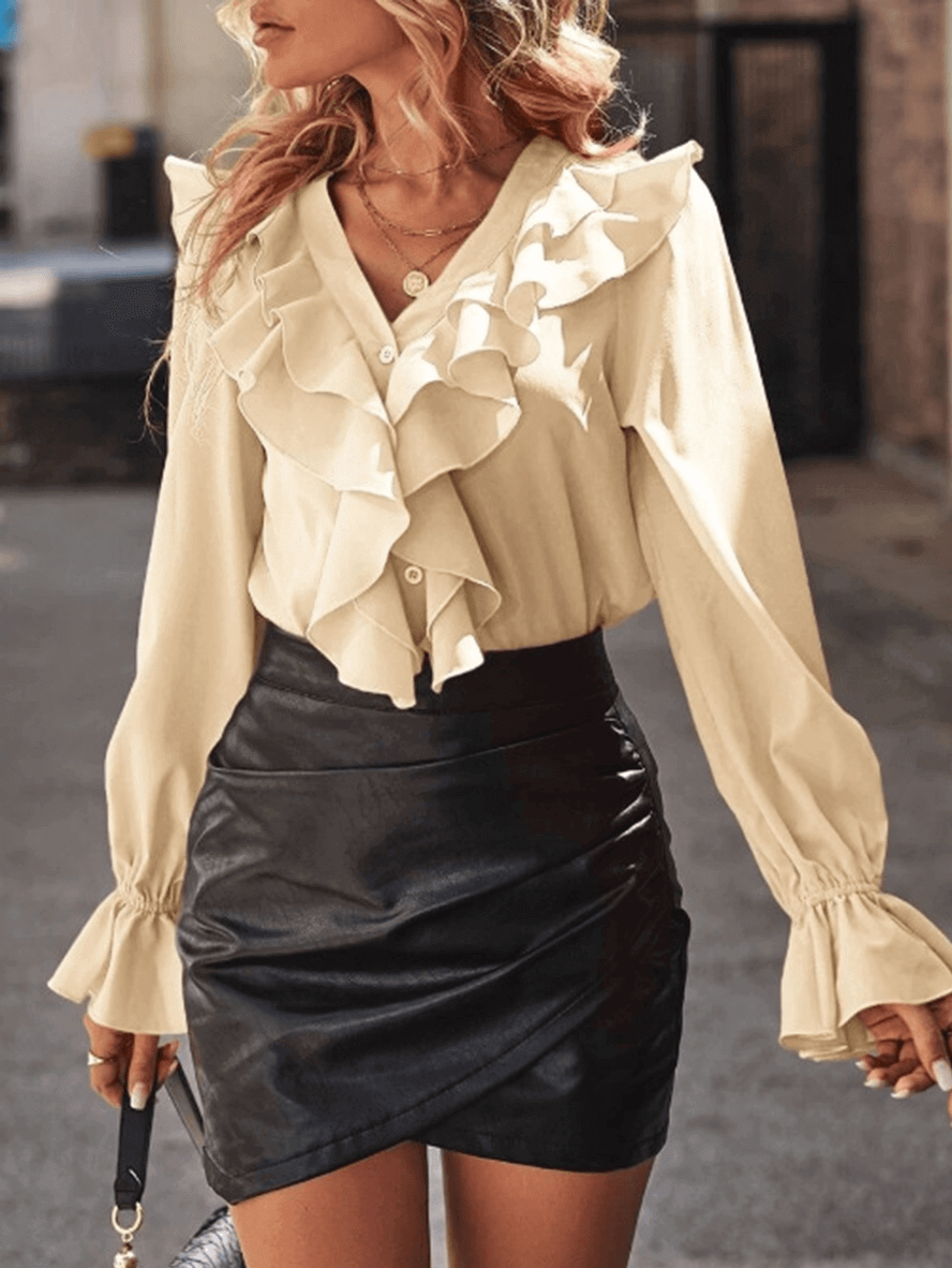 Rüschen-Button-Down-Hemd, V-Ausschnitt, Jabot-Kragen, ausgestellte Ärmel, lange Ärmel, Damen, süße, elegante ModShopnoryluse