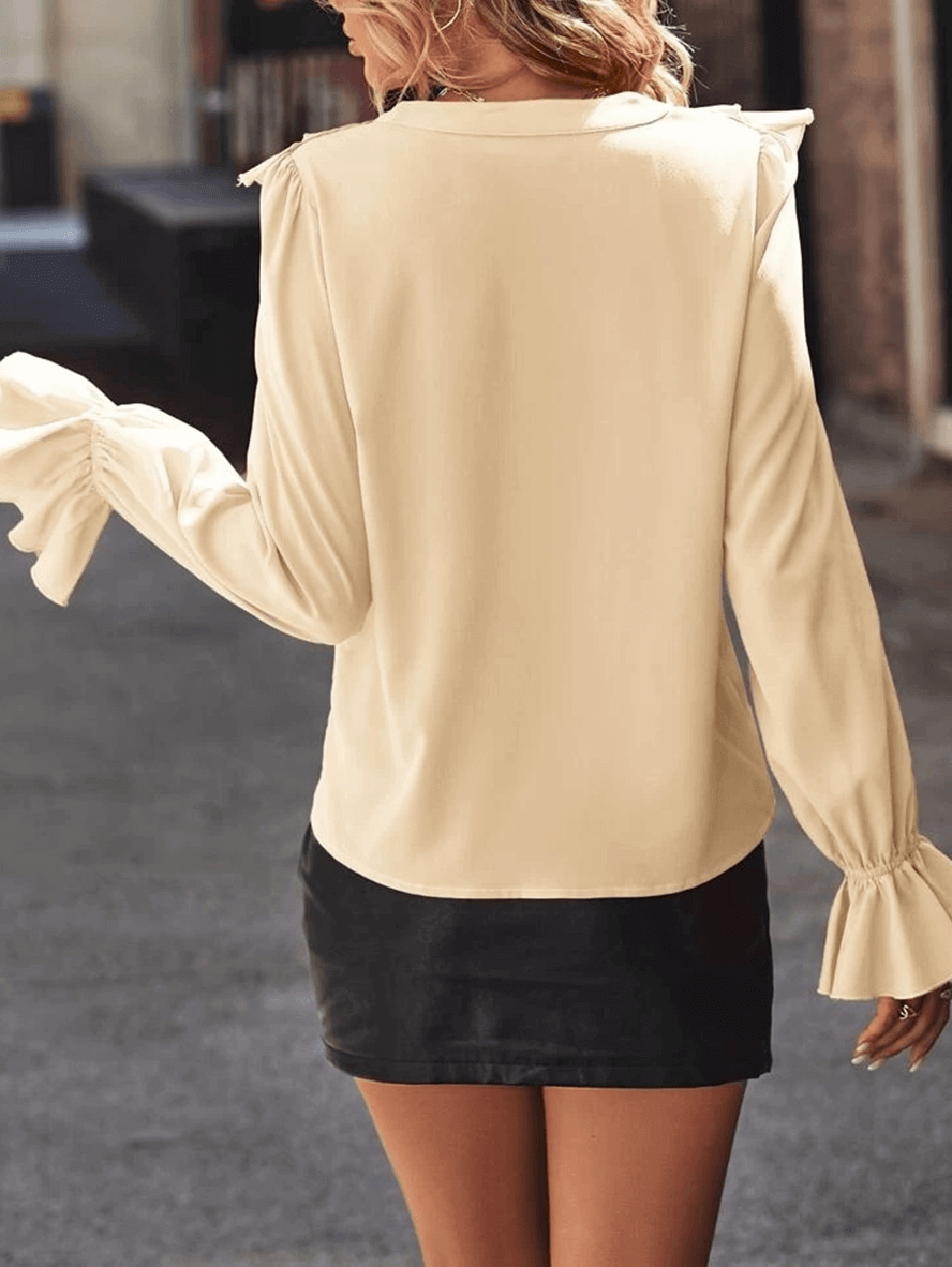 Rüschen-Button-Down-Hemd, V-Ausschnitt, Jabot-Kragen, ausgestellte Ärmel, lange Ärmel, Damen, süße, elegante ModShopnoryluse