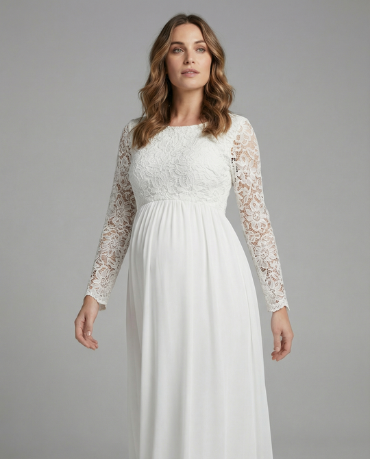 Umstandskleid, Ausschnitte, Spitze, Chiffon, Rundhalsausschnitt, lange Ärmel, für Damen, elegant, für den Abend, den Abschlussball, schwanger