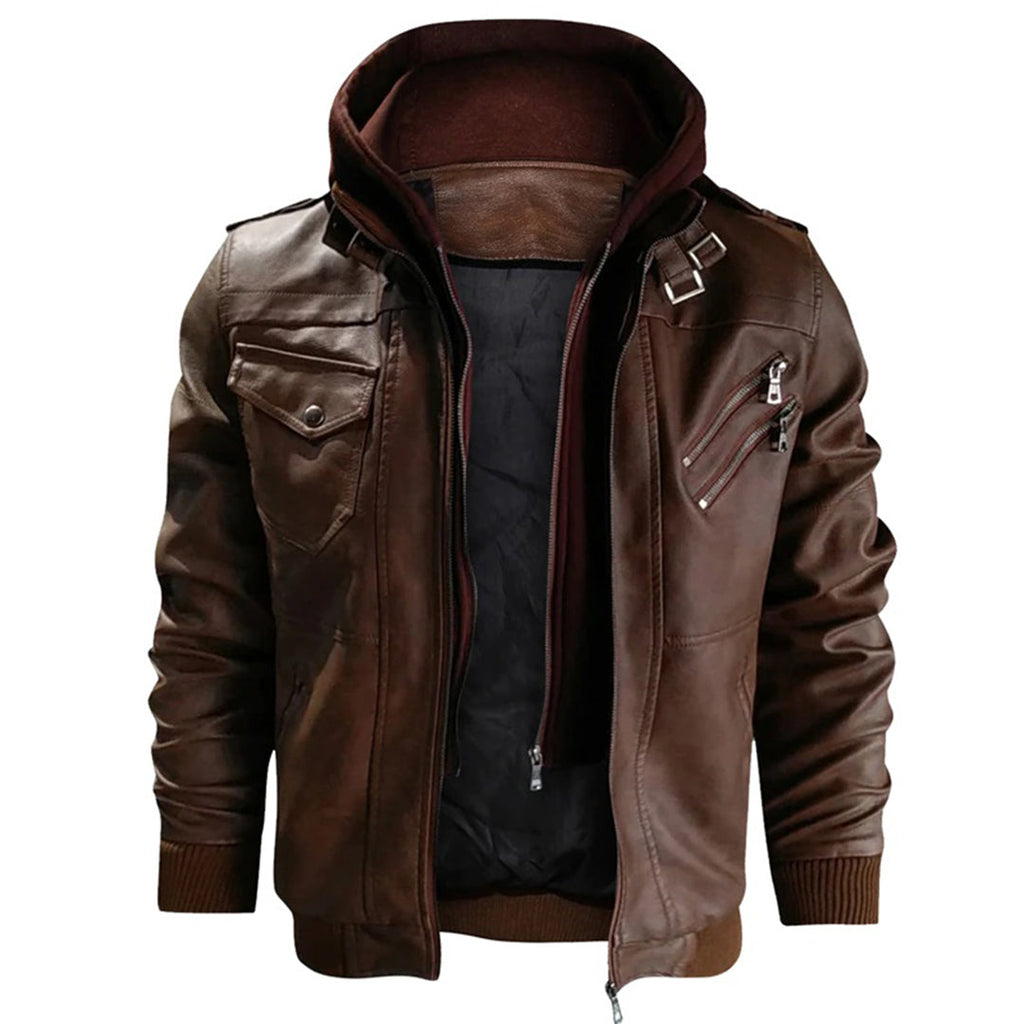 Herren Lederjacke mit Kapuze