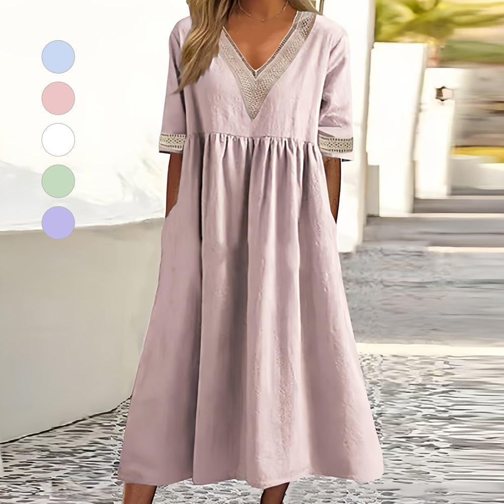 A-Linien-Midi-Sommerkleid mit V-Ausschnitt und Kurzen Ärmeln für Damen