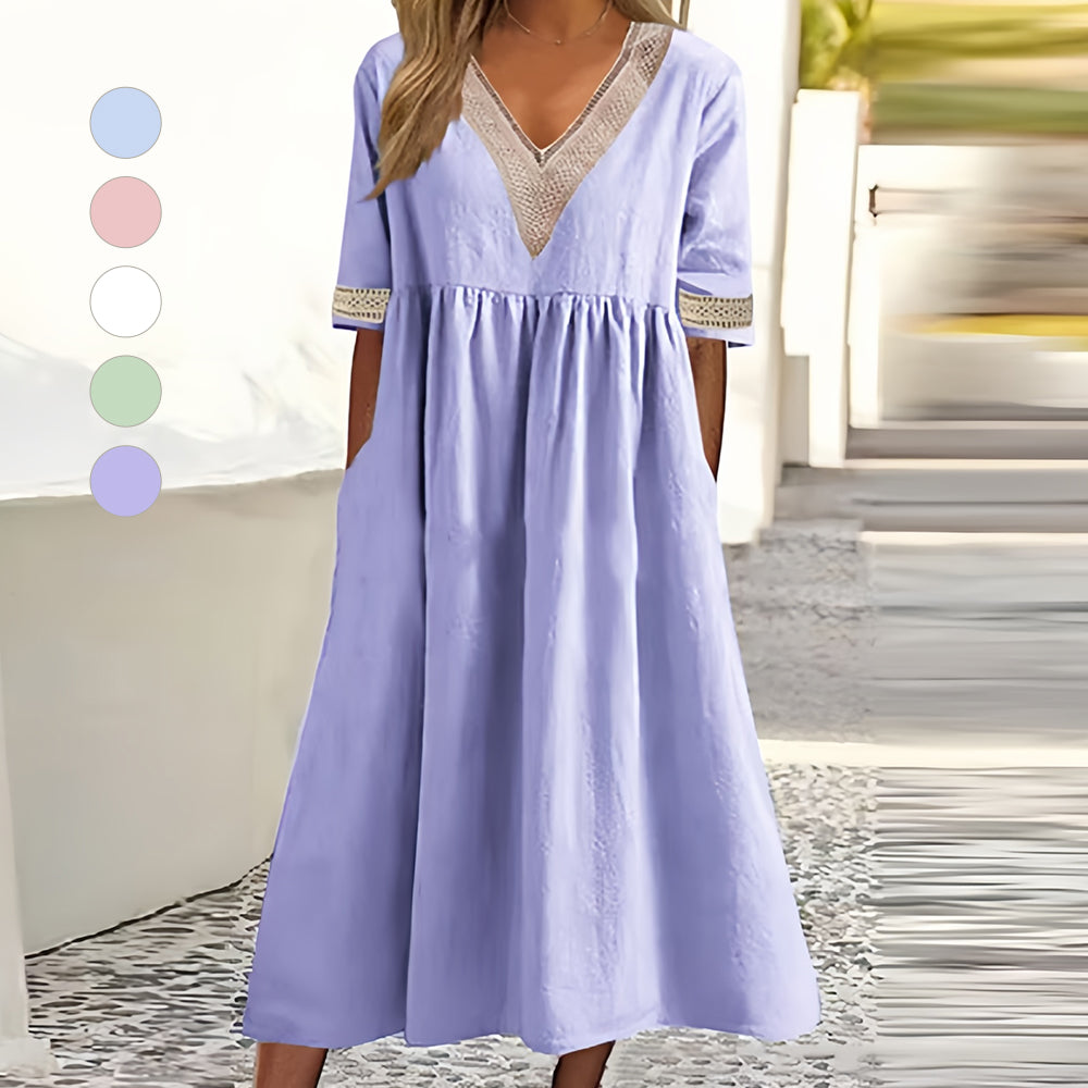 A-Linien-Midi-Sommerkleid mit V-Ausschnitt und Kurzen Ärmeln für Damen