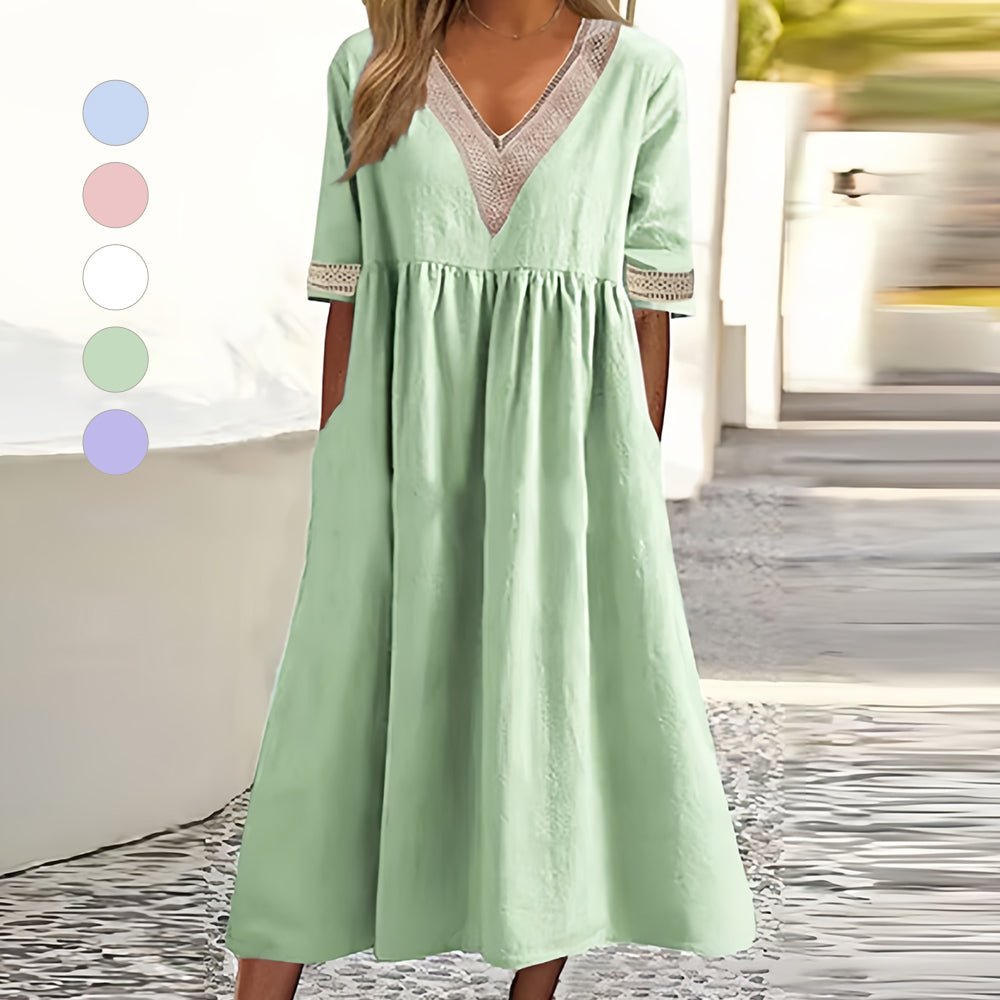 A-Linien-Midi-Sommerkleid mit V-Ausschnitt und Kurzen Ärmeln für Damen