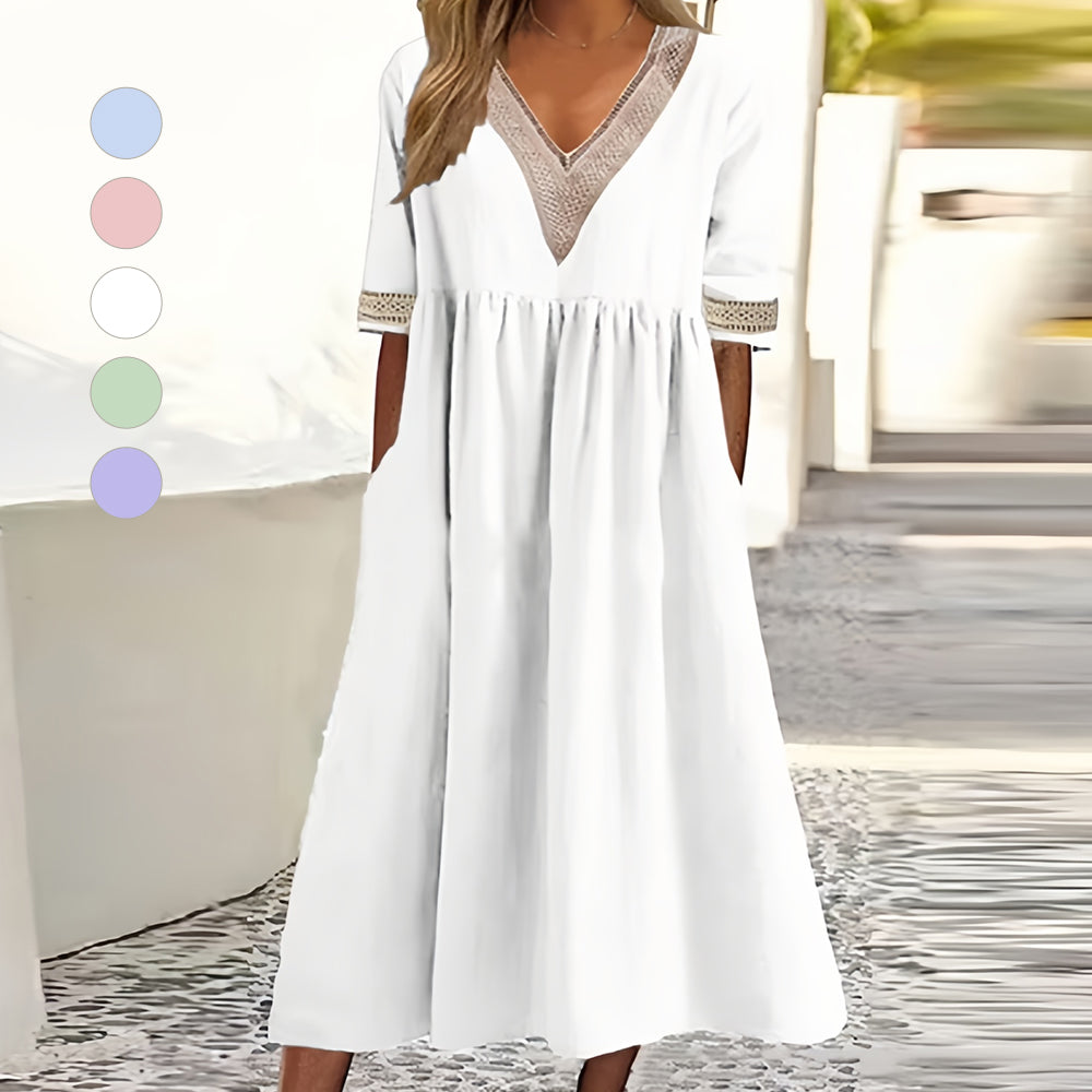 A-Linien-Midi-Sommerkleid mit V-Ausschnitt und Kurzen Ärmeln für Damen
