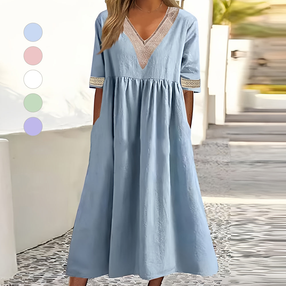 A-Linien-Midi-Sommerkleid mit V-Ausschnitt und Kurzen Ärmeln für Damen