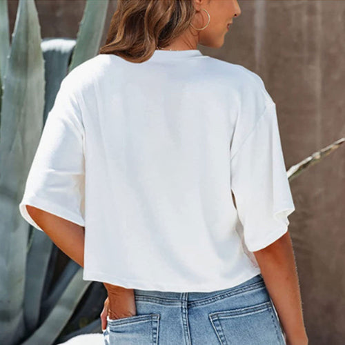 Lässiges, Einfarbiges, Kurzes T-Shirt mit Rundhalsausschnitt für Damen