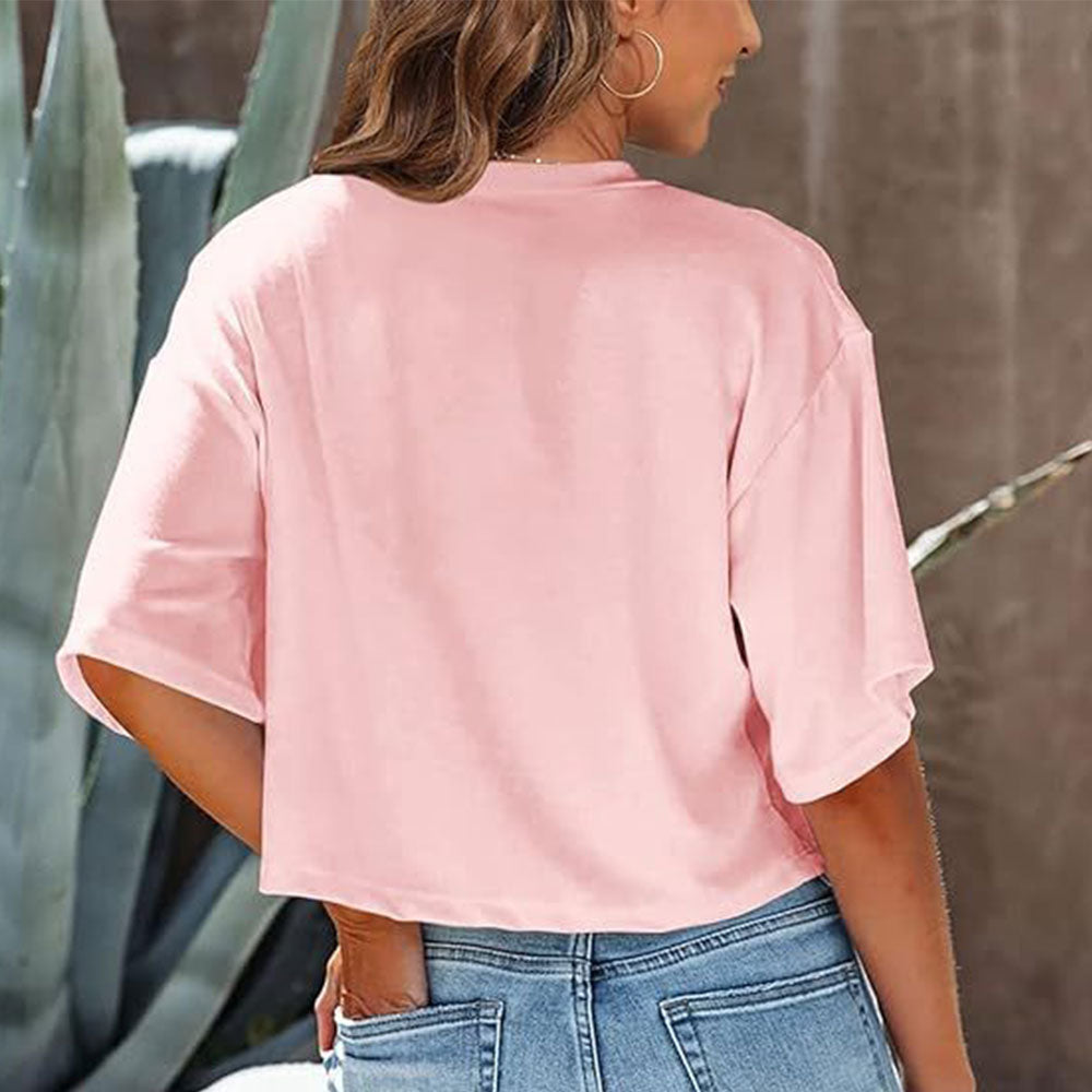 Lässiges, Einfarbiges, Kurzes T-Shirt mit Rundhalsausschnitt für Damen