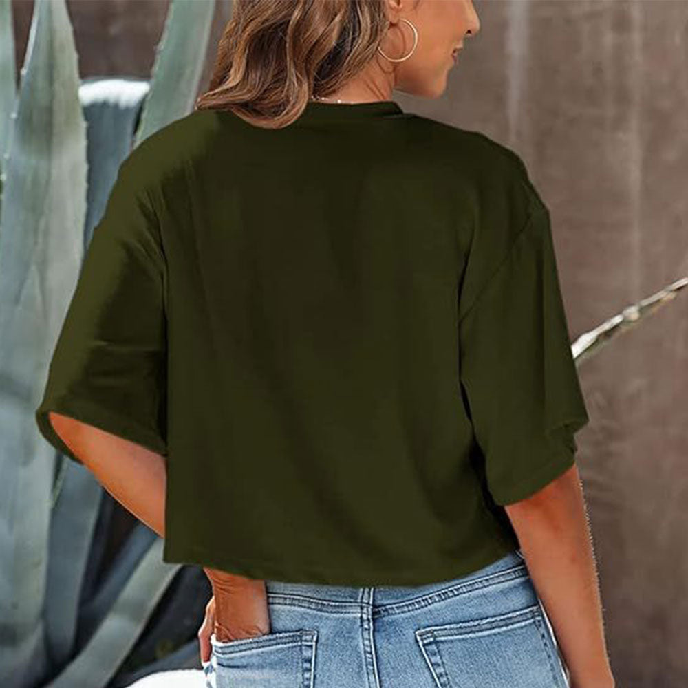 Lässiges, Einfarbiges, Kurzes T-Shirt mit Rundhalsausschnitt für Damen
