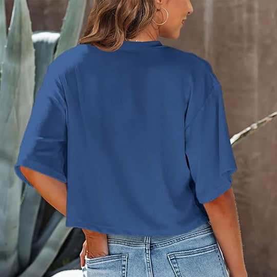 Lässiges, Einfarbiges, Kurzes T-Shirt mit Rundhalsausschnitt für Damen