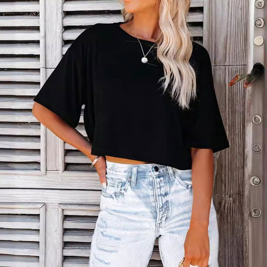 Lässiges, Einfarbiges, Kurzes T-Shirt mit Rundhalsausschnitt für Damen