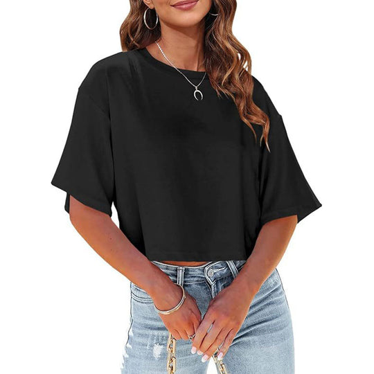 Lässiges, Einfarbiges, Kurzes T-Shirt mit Rundhalsausschnitt für Damen