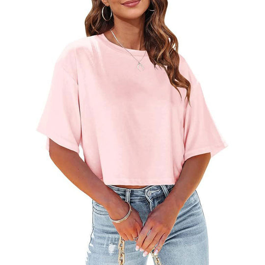 Lässiges, Einfarbiges, Kurzes T-Shirt mit Rundhalsausschnitt für Damen