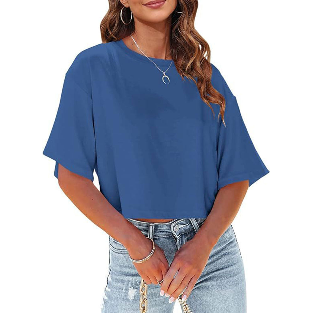Lässiges, Einfarbiges, Kurzes T-Shirt mit Rundhalsausschnitt für Damen