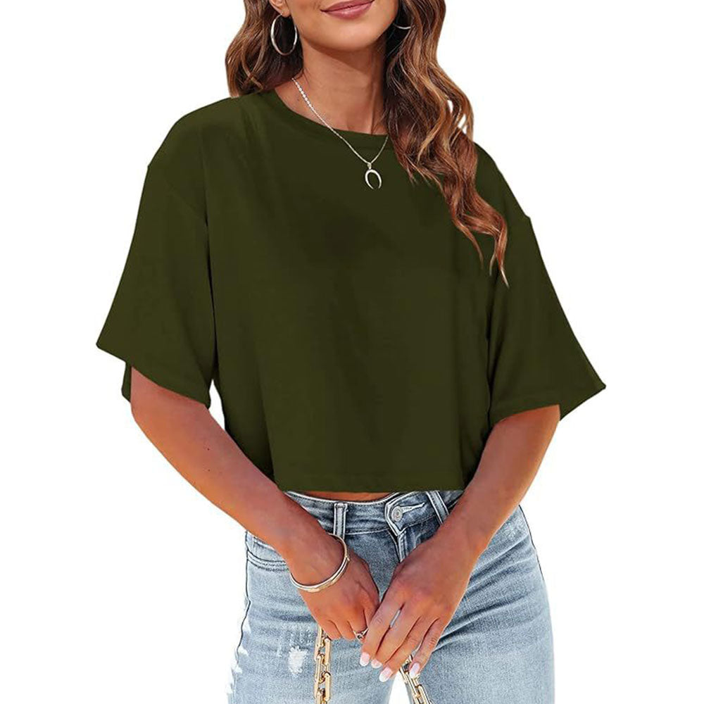 Lässiges, Einfarbiges, Kurzes T-Shirt mit Rundhalsausschnitt für Damen