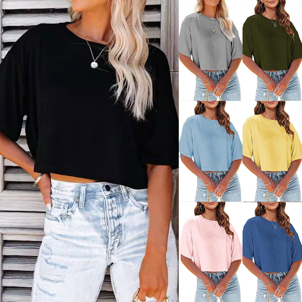 Lässiges, Einfarbiges, Kurzes T-Shirt mit Rundhalsausschnitt für Damen