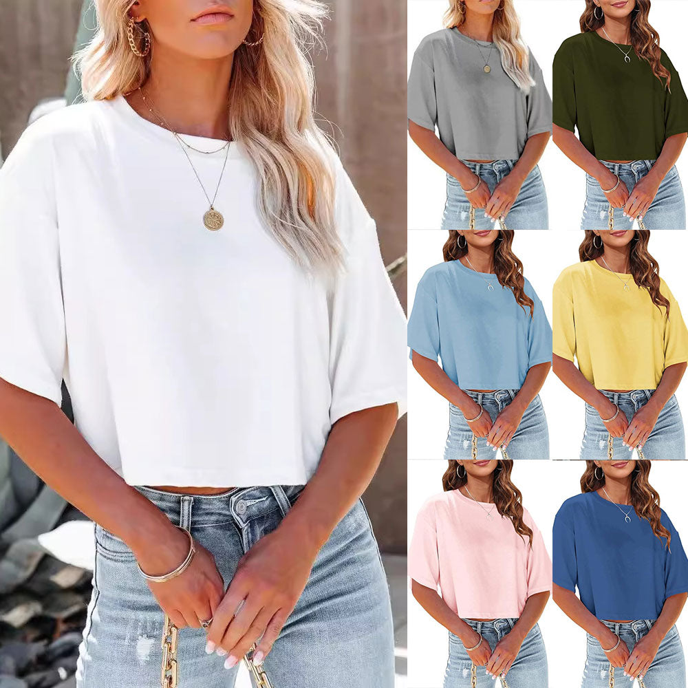 Lässiges, Einfarbiges, Kurzes T-Shirt mit Rundhalsausschnitt für Damen