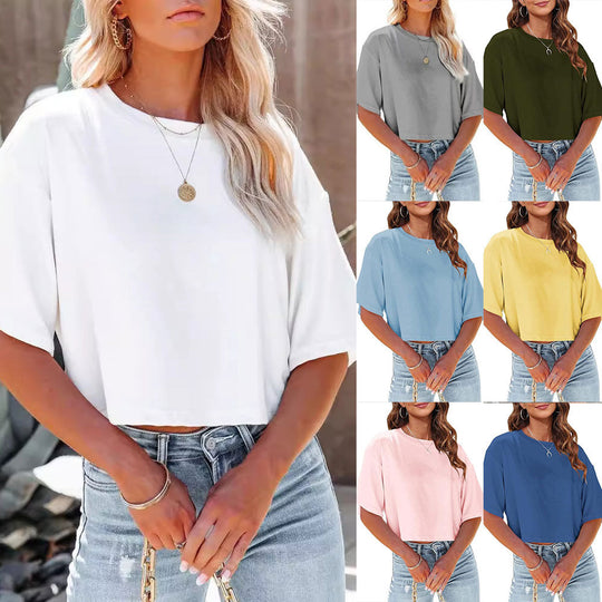 Lässiges, Einfarbiges, Kurzes T-Shirt mit Rundhalsausschnitt für Damen