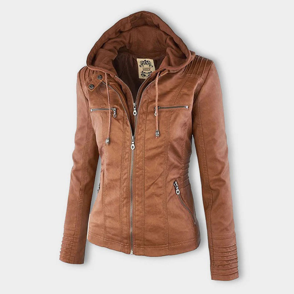 Wetterfester Damen Faux Lederjacke mit Kapuze