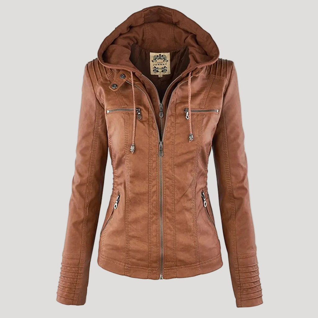 Wetterfester Damen Faux Lederjacke mit Kapuze