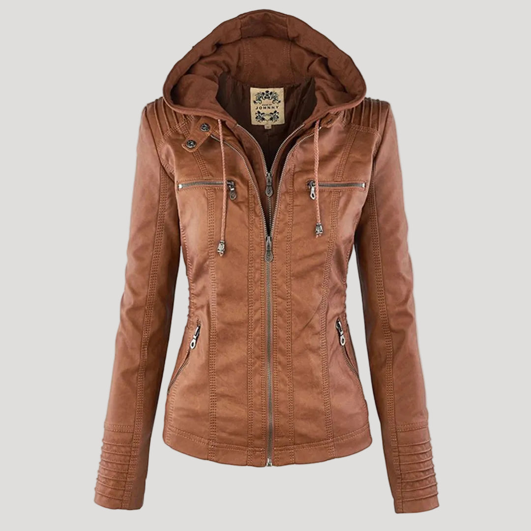 Wetterfester Damen Faux Lederjacke mit Kapuze