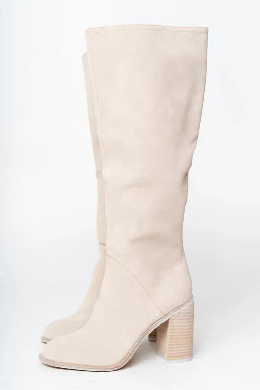 Knielange Stiefel | Hellbeige | Blockabsatz | Stiefel mit Absatz | Damenstiefel Shopnory