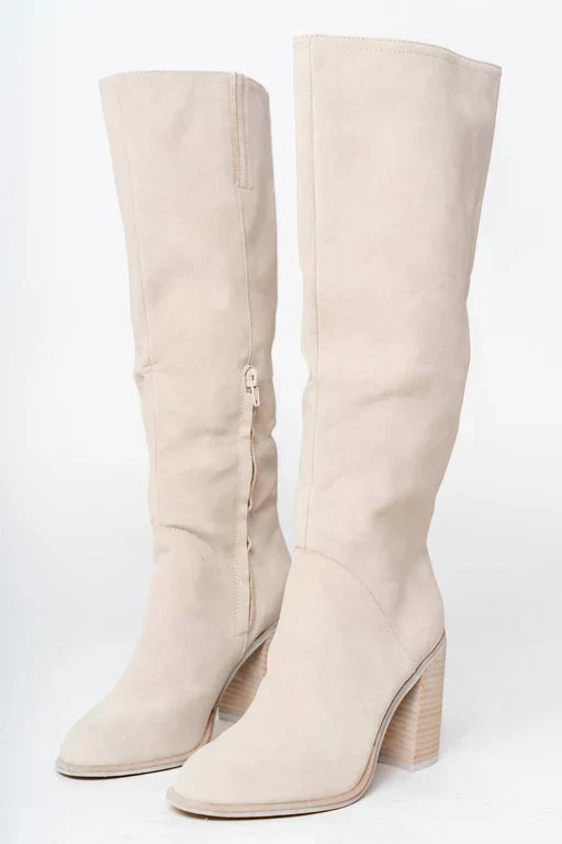 Knielange Stiefel | Hellbeige | Blockabsatz | Stiefel mit Absatz | Damenstiefel Shopnory