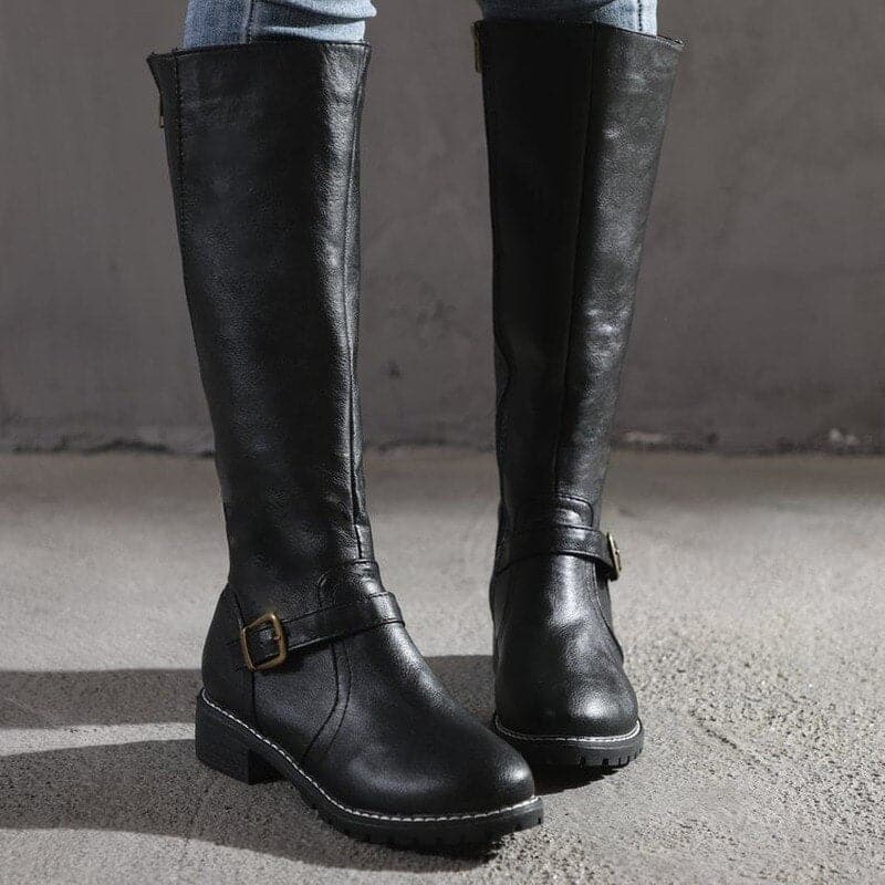 Kniefestausschuhe - Flache Lederstiefel für Damen mit weitem Schaft für den Winter