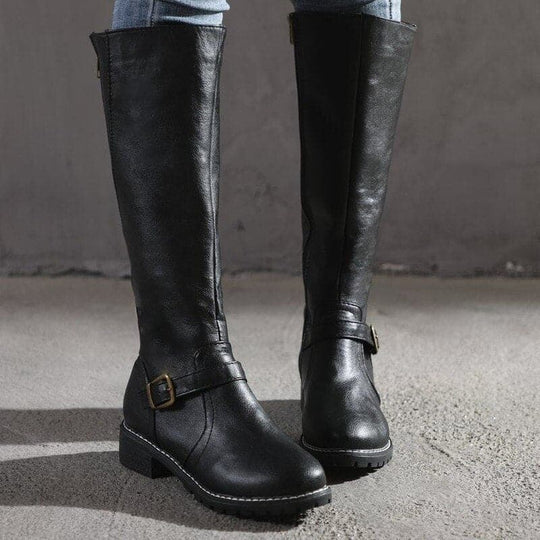 Kniefestausschuhe - Flache Lederstiefel für Damen mit weitem Schaft für den Winter