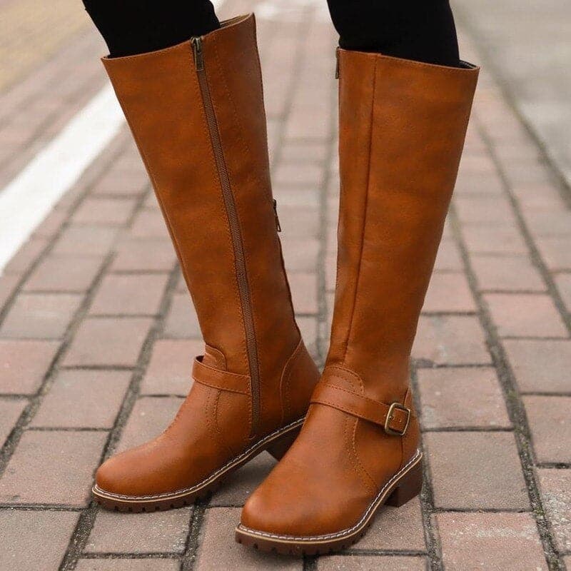 Kniefestausschuhe - Flache Lederstiefel für Damen mit weitem Schaft für den Winter