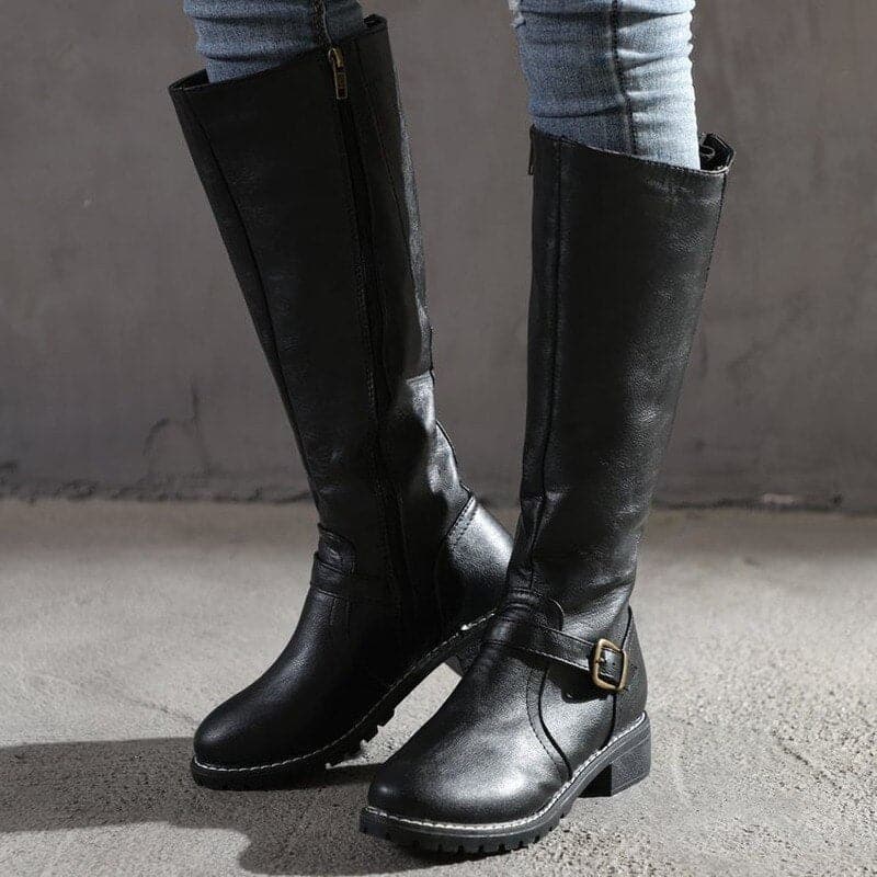 Kniefestausschuhe - Flache Lederstiefel für Damen mit weitem Schaft für den Winter