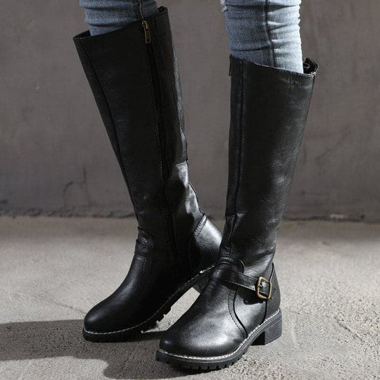 Kniefestausschuhe - Flache Lederstiefel für Damen mit weitem Schaft für den Winter