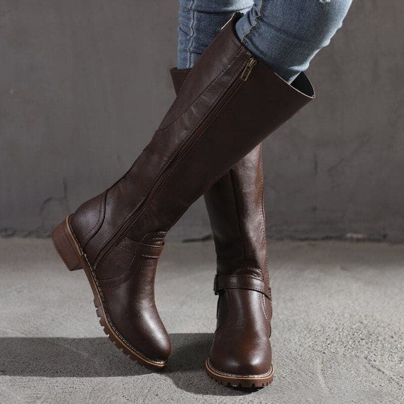 Kniefestausschuhe - Flache Lederstiefel für Damen mit weitem Schaft für den Winter