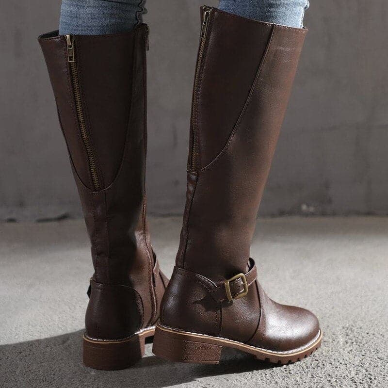 Kniefestausschuhe - Flache Lederstiefel für Damen mit weitem Schaft für den Winter