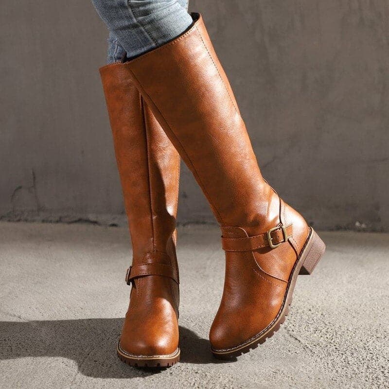 Kniefestausschuhe - Flache Lederstiefel für Damen mit weitem Schaft für den Winter