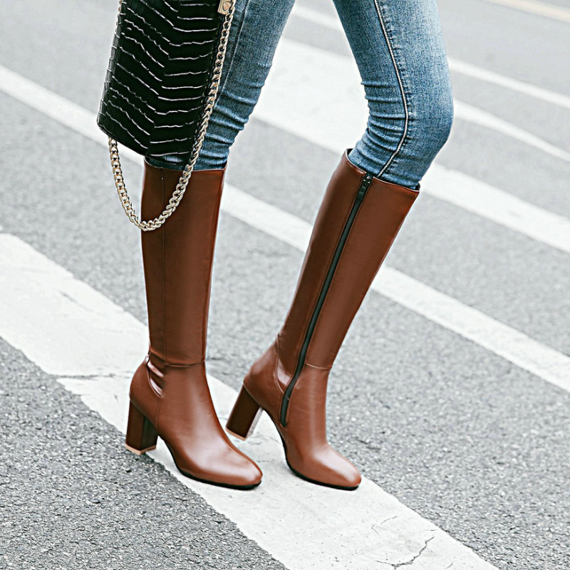 Stiefel mit Absatz | Leder | Blockabsatz | Hoher Absatz Knöchelhohe Stiefel | Damenstiefel