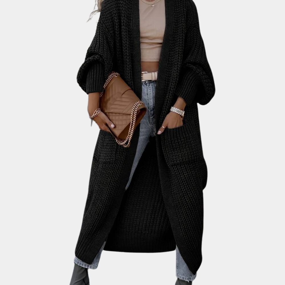 Damen Lange Gestrickte Cardigan mit Taschen und Langen Ärmeln