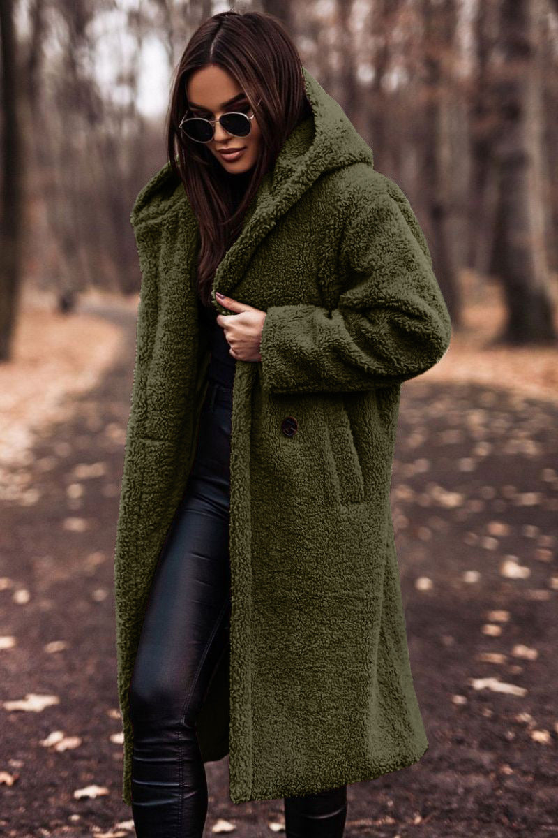 Damen Teddy Winterjacke Lang mit Kapuze und Weichem Futter