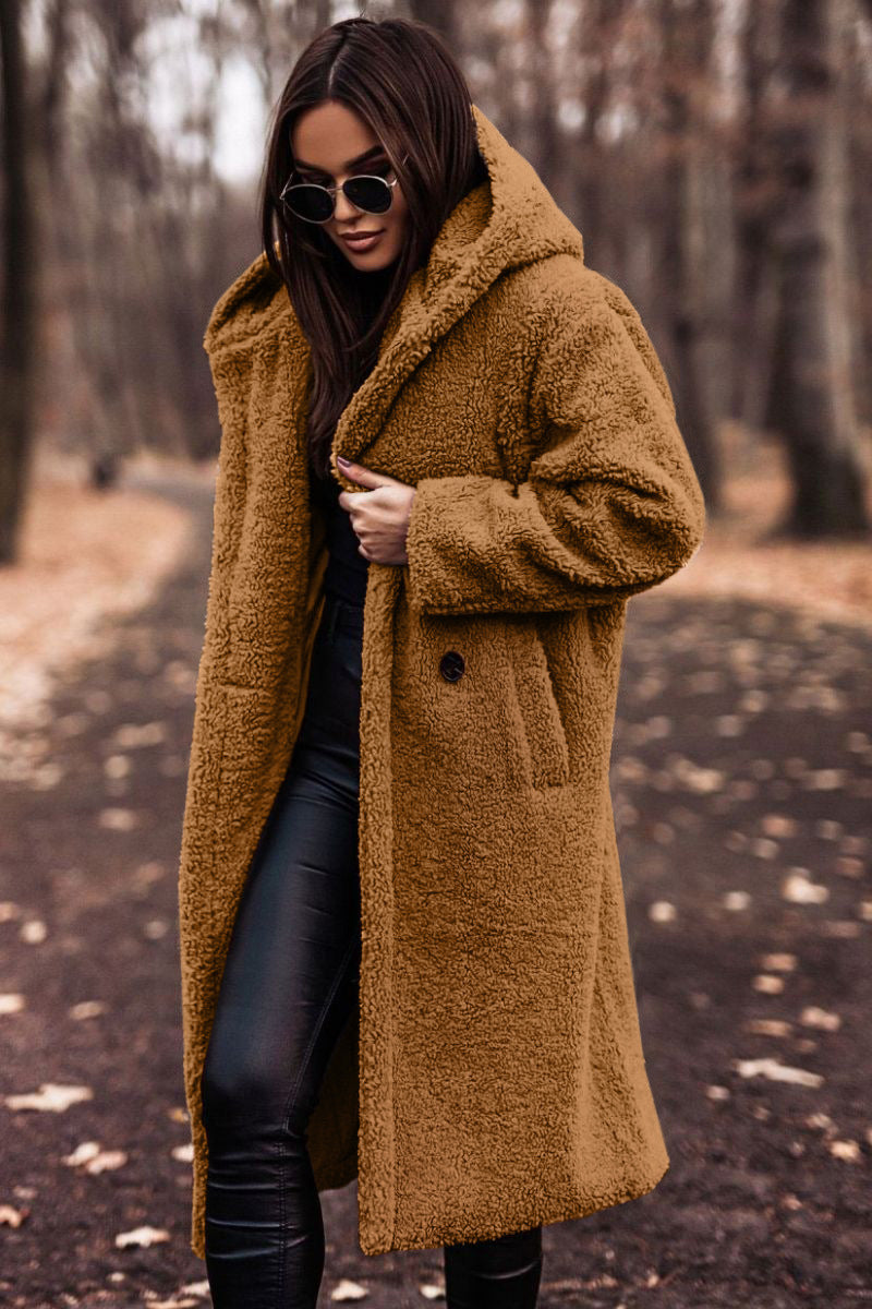 Damen Teddy Winterjacke Lang mit Kapuze und Weichem Futter