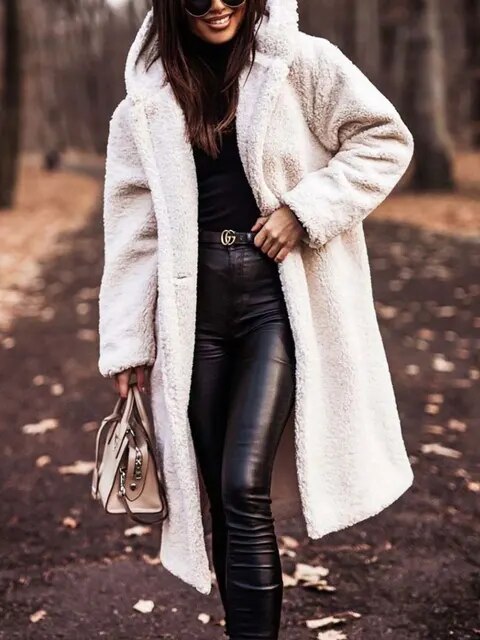 Damen Teddy Winterjacke Lang mit Kapuze und Weichem Futter