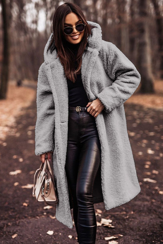 Damen Teddy Winterjacke Lang mit Kapuze und Weichem Futter