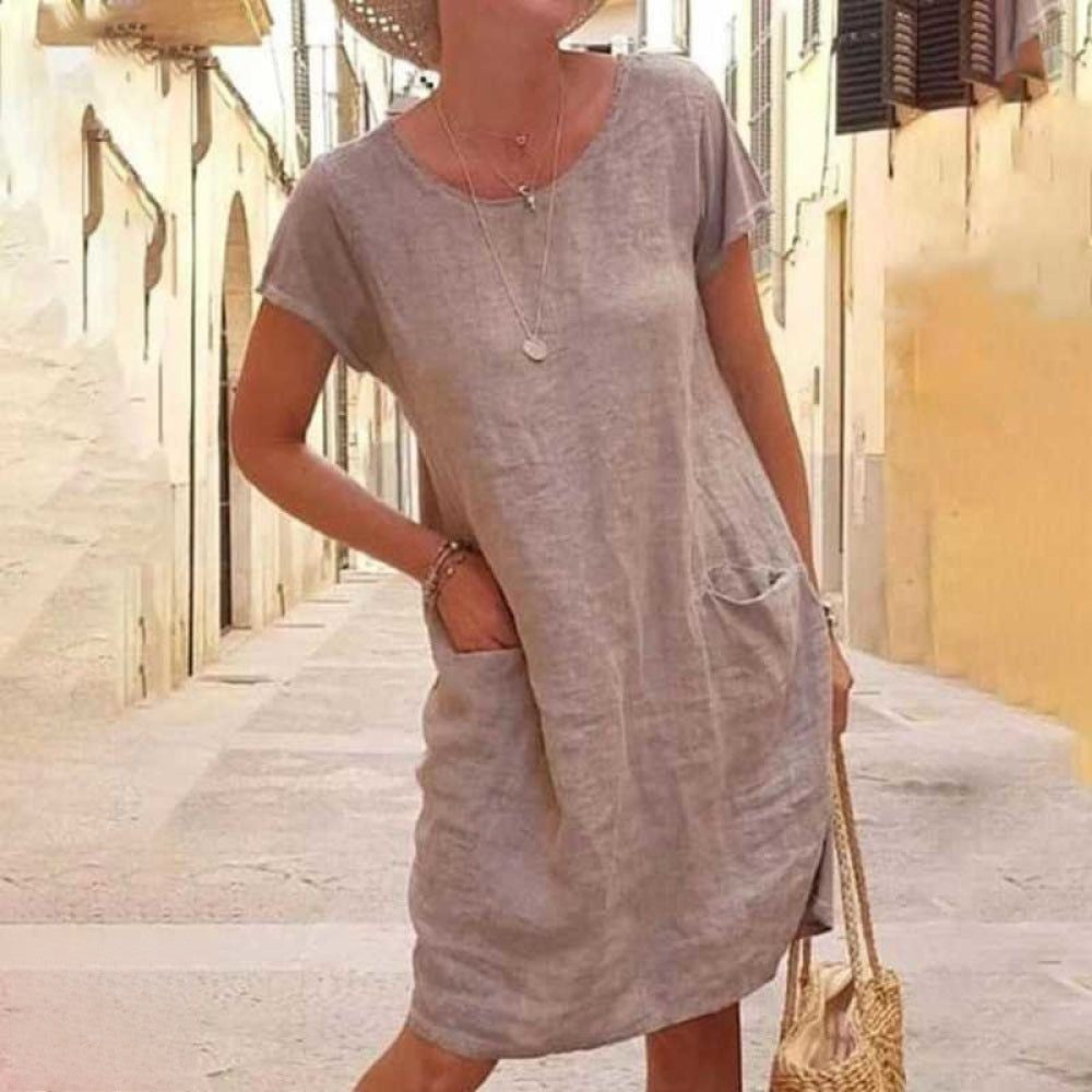 ShopNory | Édith Lässiges Leinenkleid mit Kurzen Ärmeln für Damen