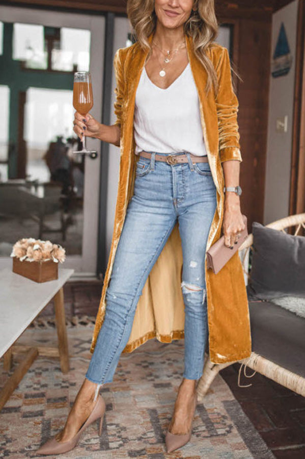 Damen Samt Cardigan mit Langen Ärmeln