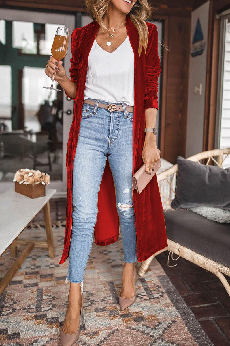 Damen Samt Cardigan mit Langen Ärmeln