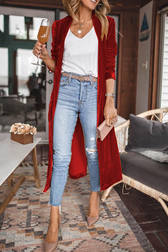 Damen Samt Cardigan mit Langen Ärmeln