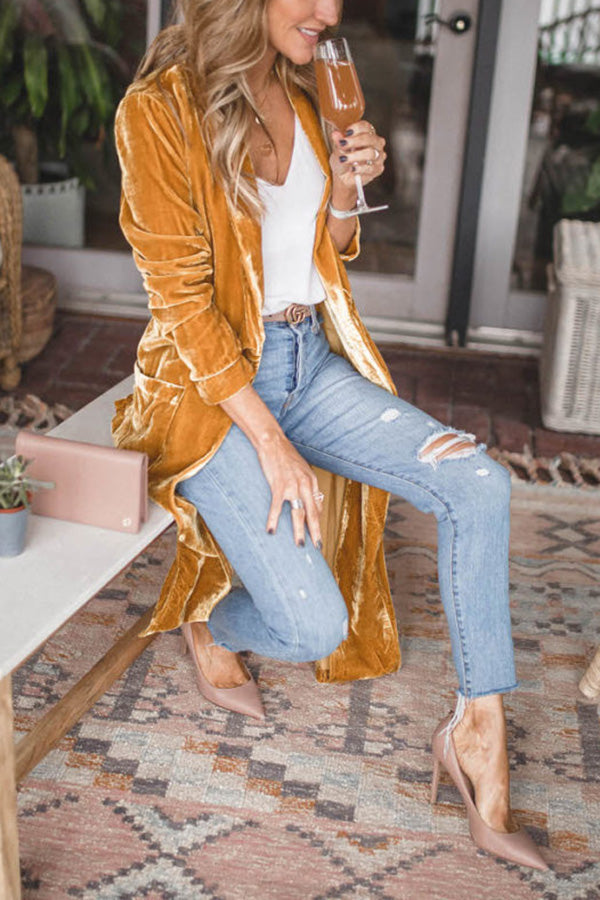 Damen Samt Cardigan mit Langen Ärmeln