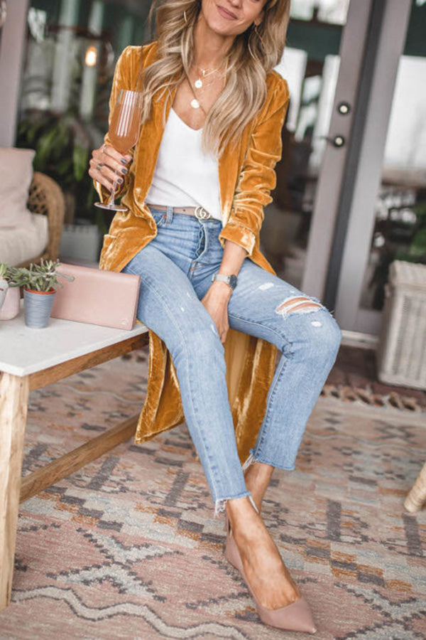 Damen Samt Cardigan mit Langen Ärmeln