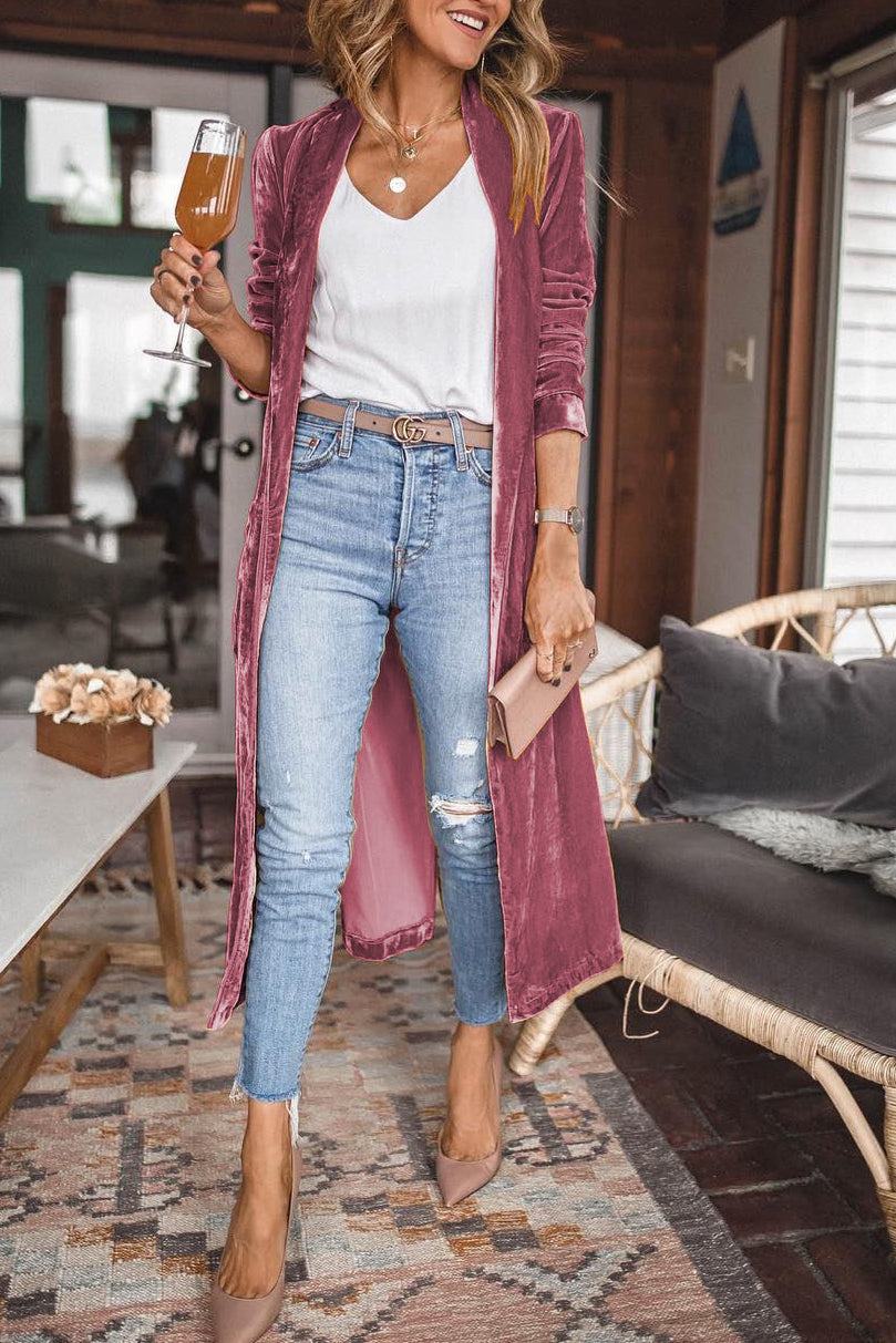 Damen Samt Cardigan mit Langen Ärmeln