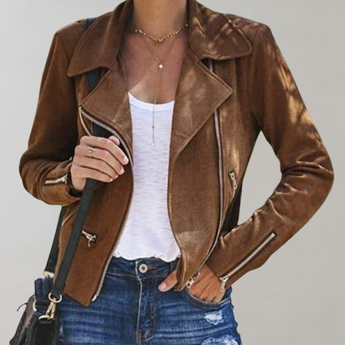 Wildleder Bikerjacke mit Reißverschluss für Damen